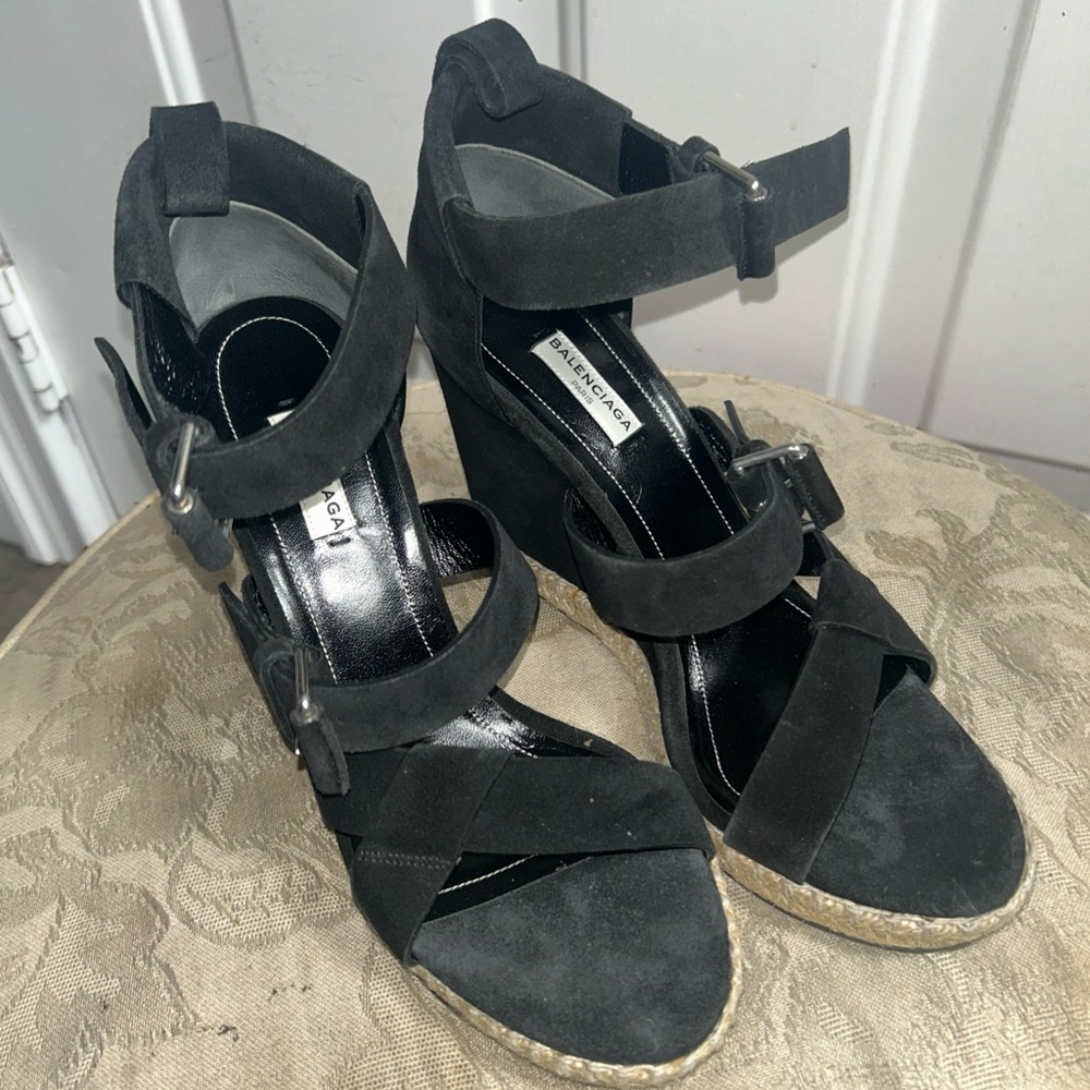 new Balenciaga womens Black Espadrilles Wedge strappy open toe Shoes Sz 40/10
